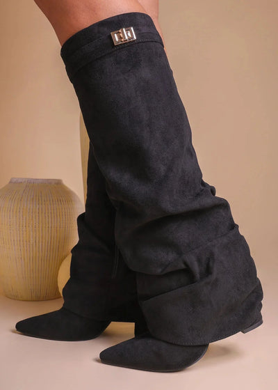 Bottes plissées noires à talon suédine - Amara