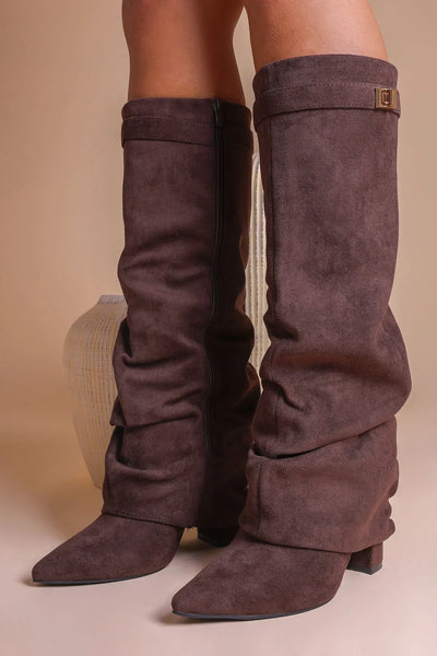 Bottes plissées marron à talon suédine - Amara