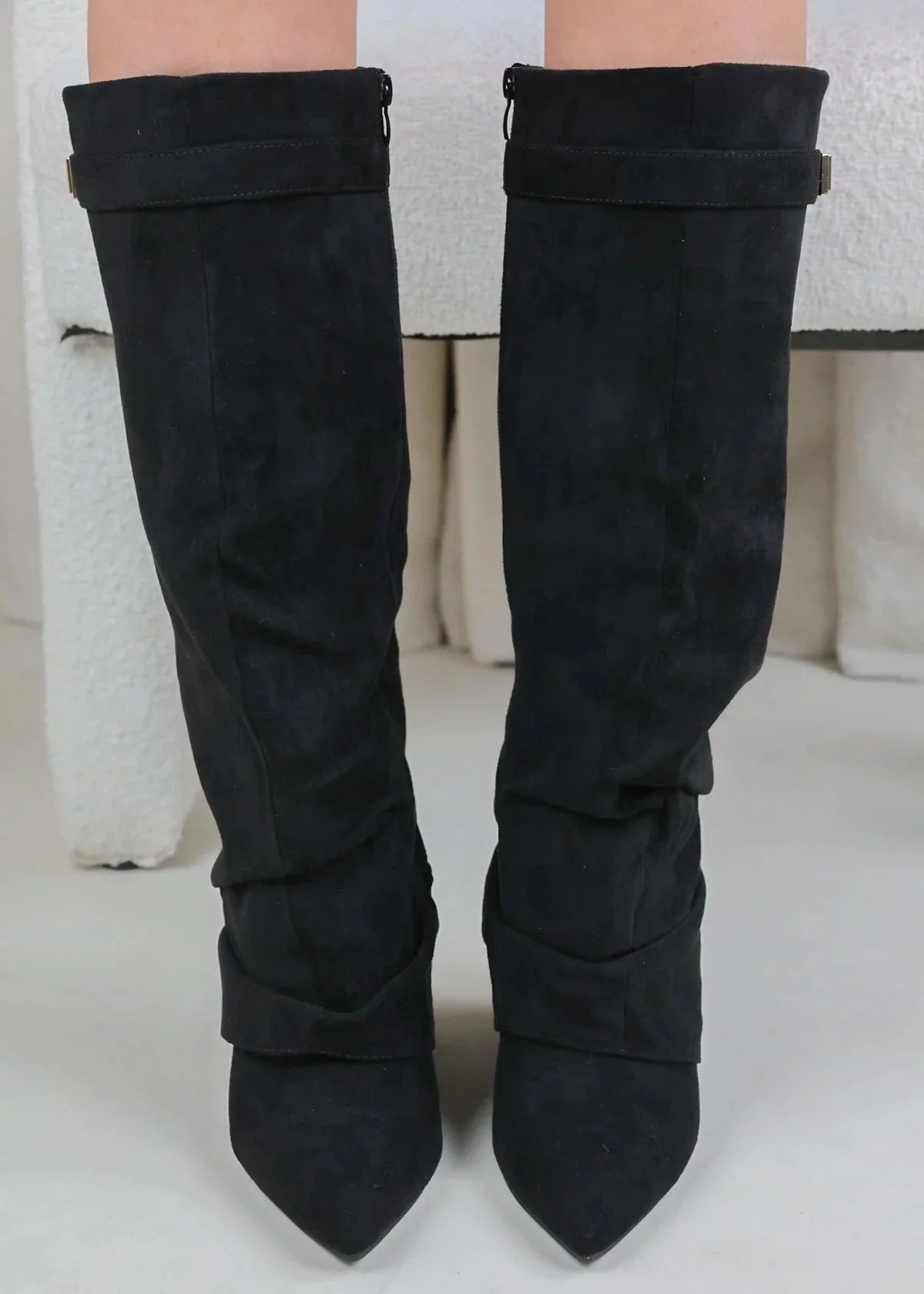 Bottes plissées noires à talon suédine - Amara