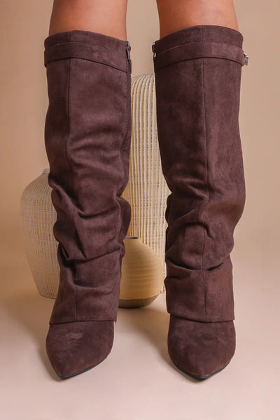 Bottes plissées marron à talon suédine - Amara