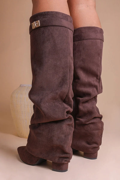 Bottes plissées marron à talon suédine - Amara