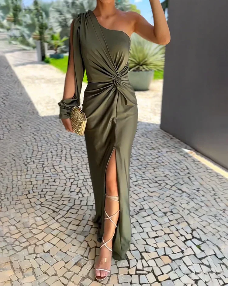 Robe Fendue Élégante à Manches Longues Kaki - Avana