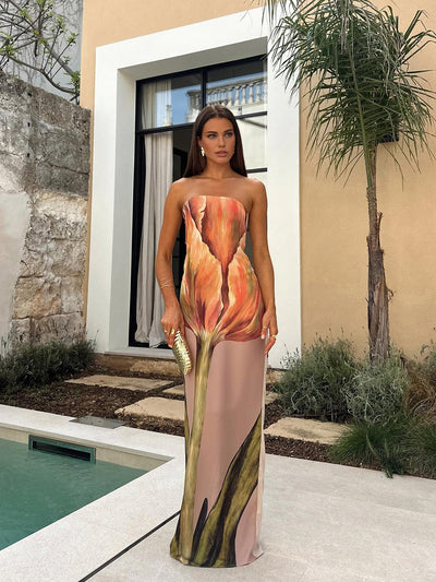 Robe Longue Satinée Fleurie – Olympya