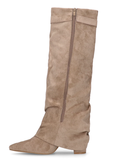 Bottes plissées beige à talon suédine - Amara
