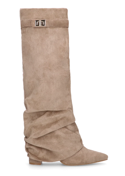 Bottes plissées beige à talon suédine - Amara