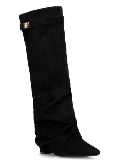 Bottes plissées noires à talon suédine - Amara