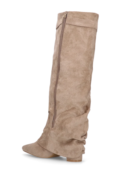 Bottes plissées beige à talon suédine - Amara