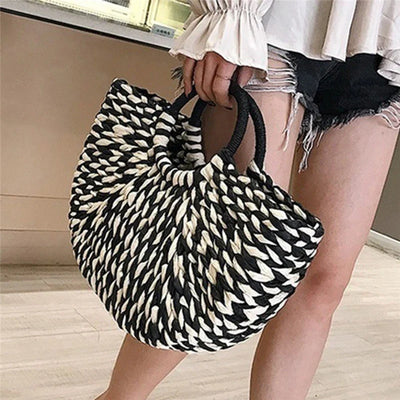 Sac Panier Osier Rond Noir et Blanc