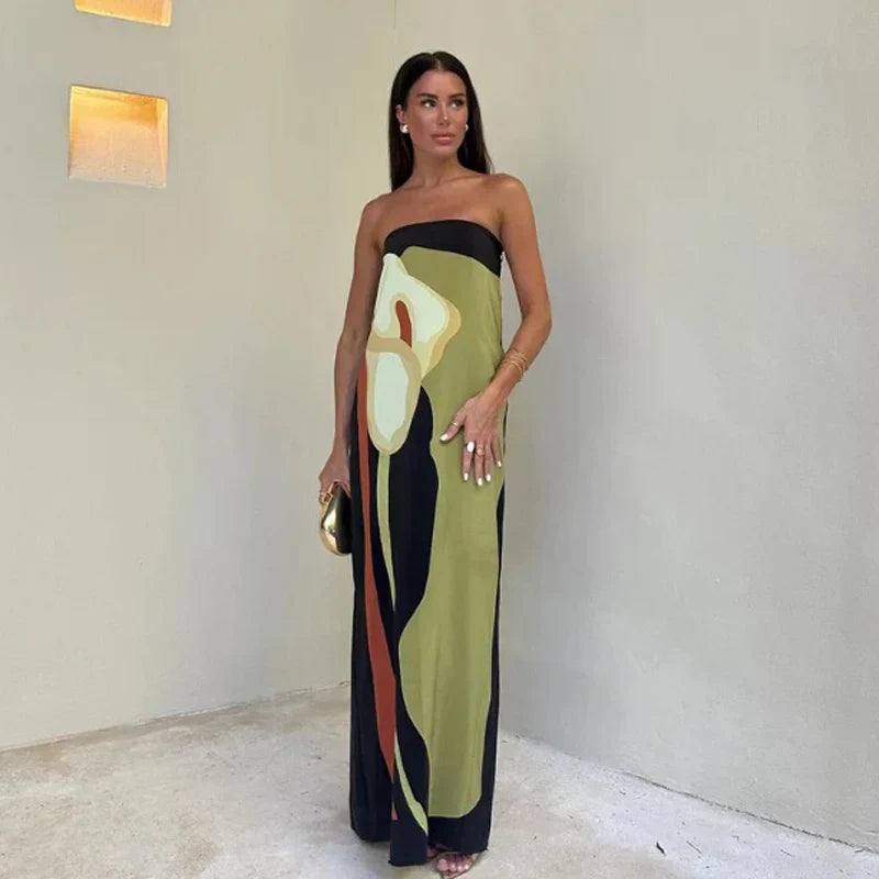 Robe longue verte imprimée bustier - Gloria