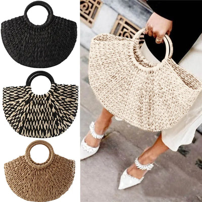 Sac Panier Osier Rond Noir et Blanc