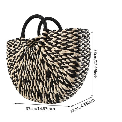 Sac Panier Osier Rond Noir et Blanc