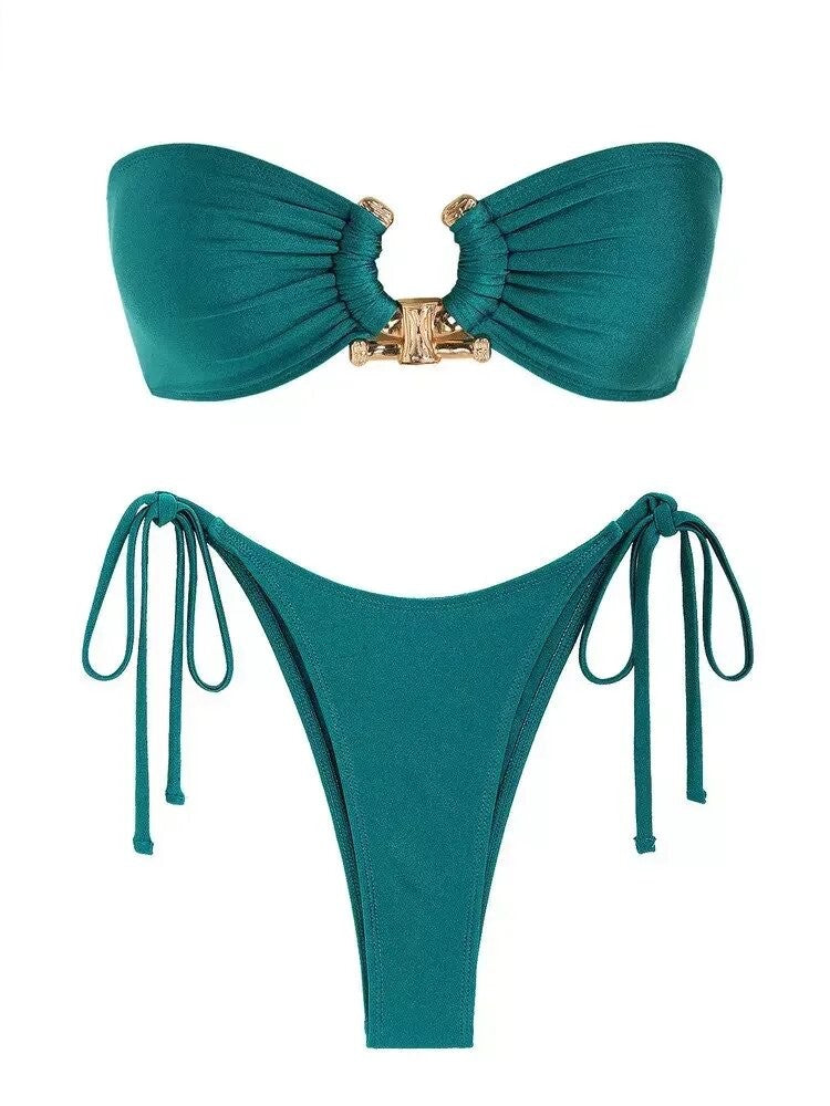 Bikini Vert Bandeau avec détail or