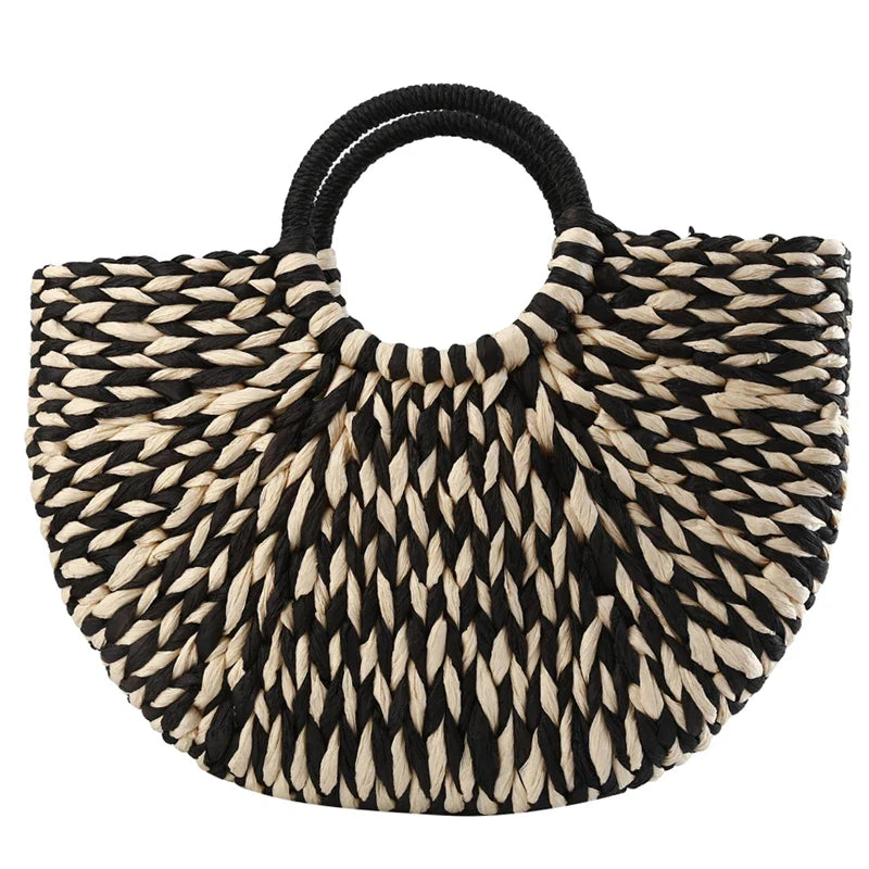 Sac Panier Osier Rond Noir et Blanc