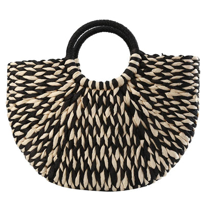 Sac Panier Osier Rond Noir et Blanc