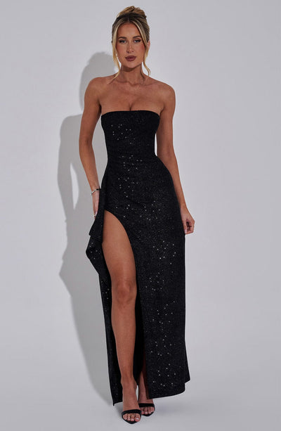 Robe de Soirée Fendue Pailletée Noire – Nyxa