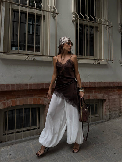 Top satiné/dentelle asymétrique - Maïa