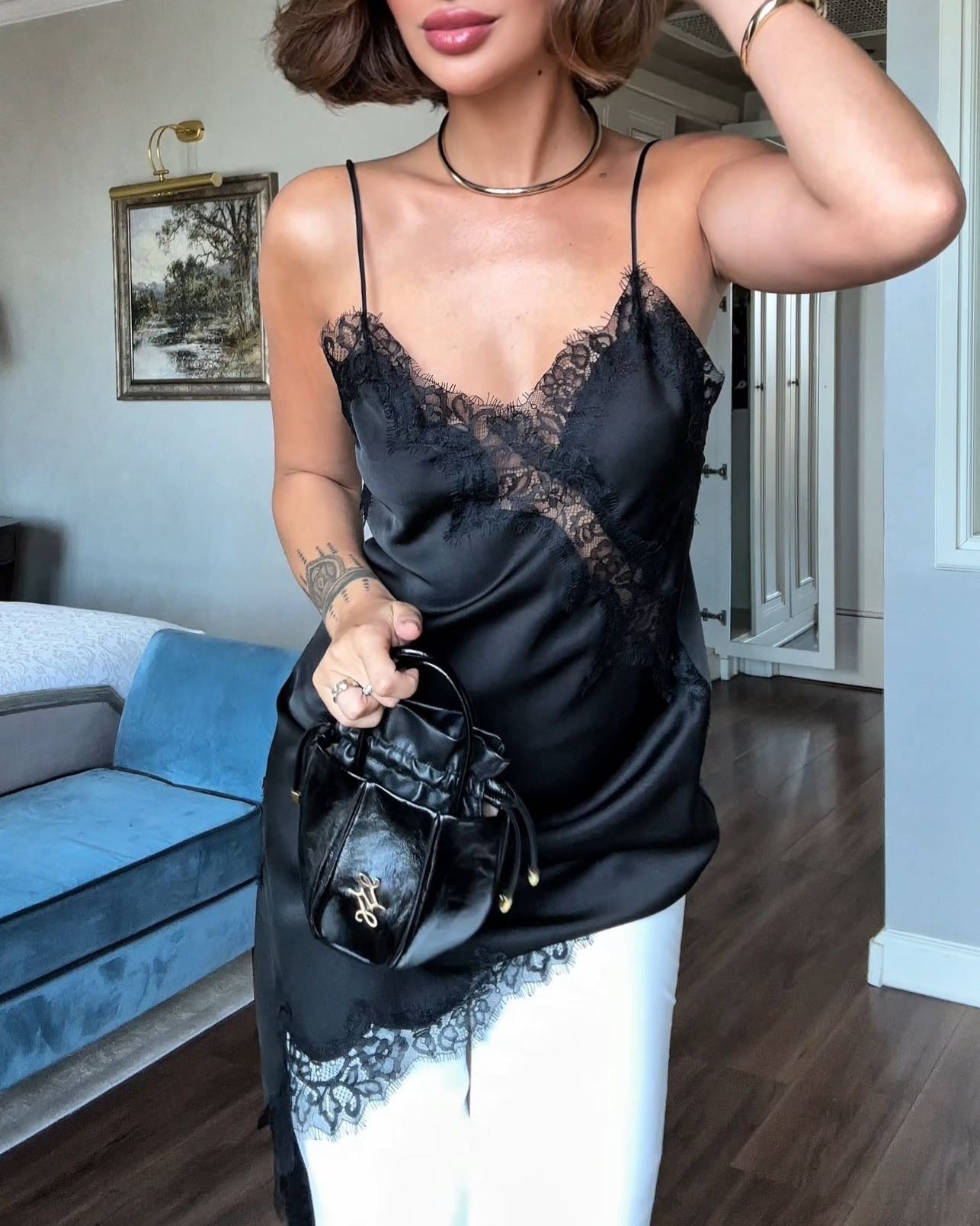 Top satiné/dentelle asymétrique - Maïa